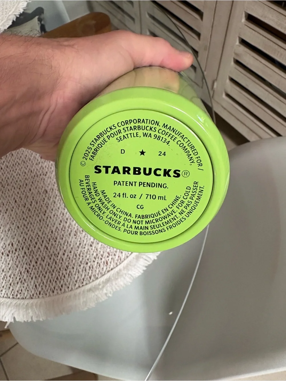 Starbucks Green Travel Tumbler with Light Blue Lid and Yellow Accent